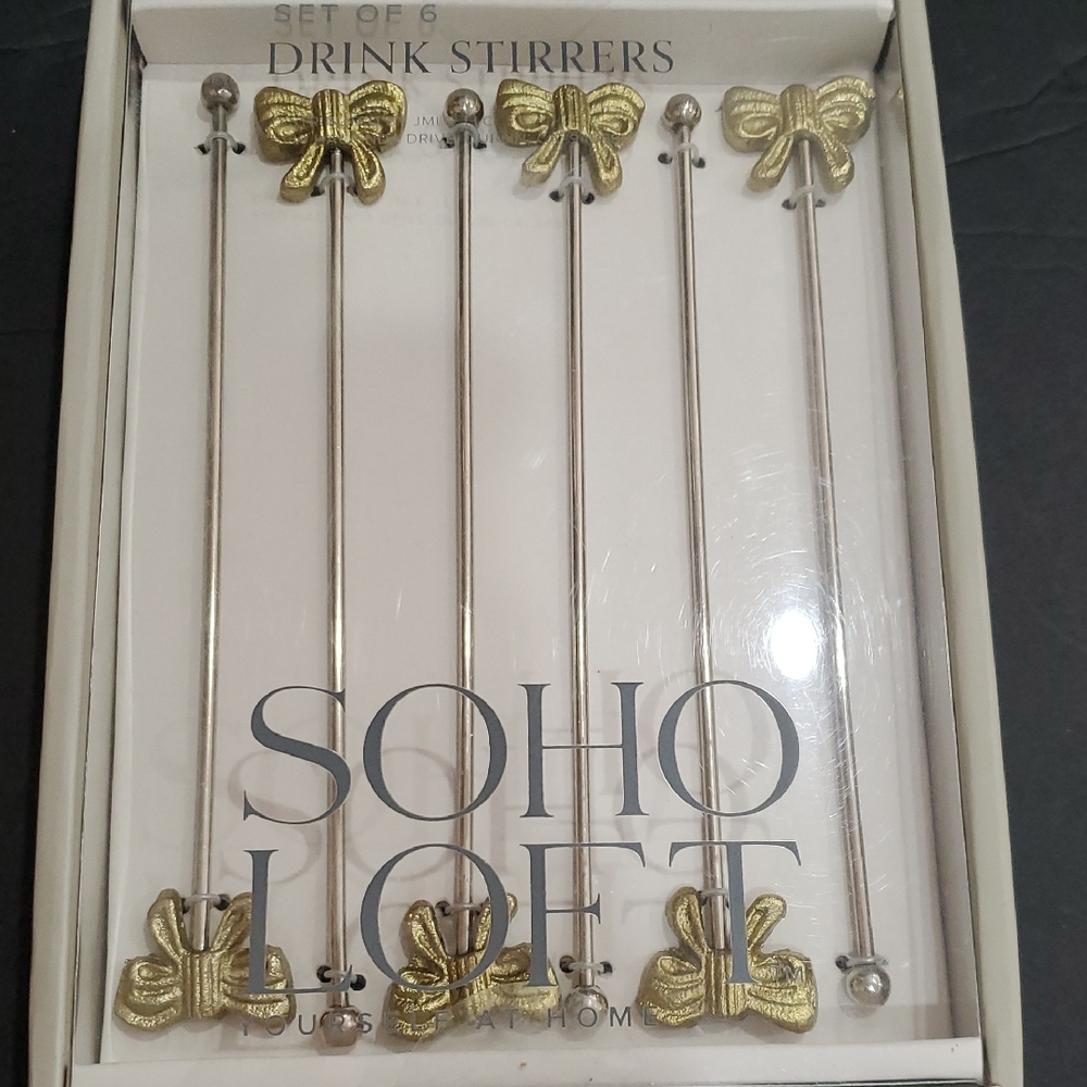 6pack bow topped silver and gold plated cocktail mixed drink stirrers brand new
